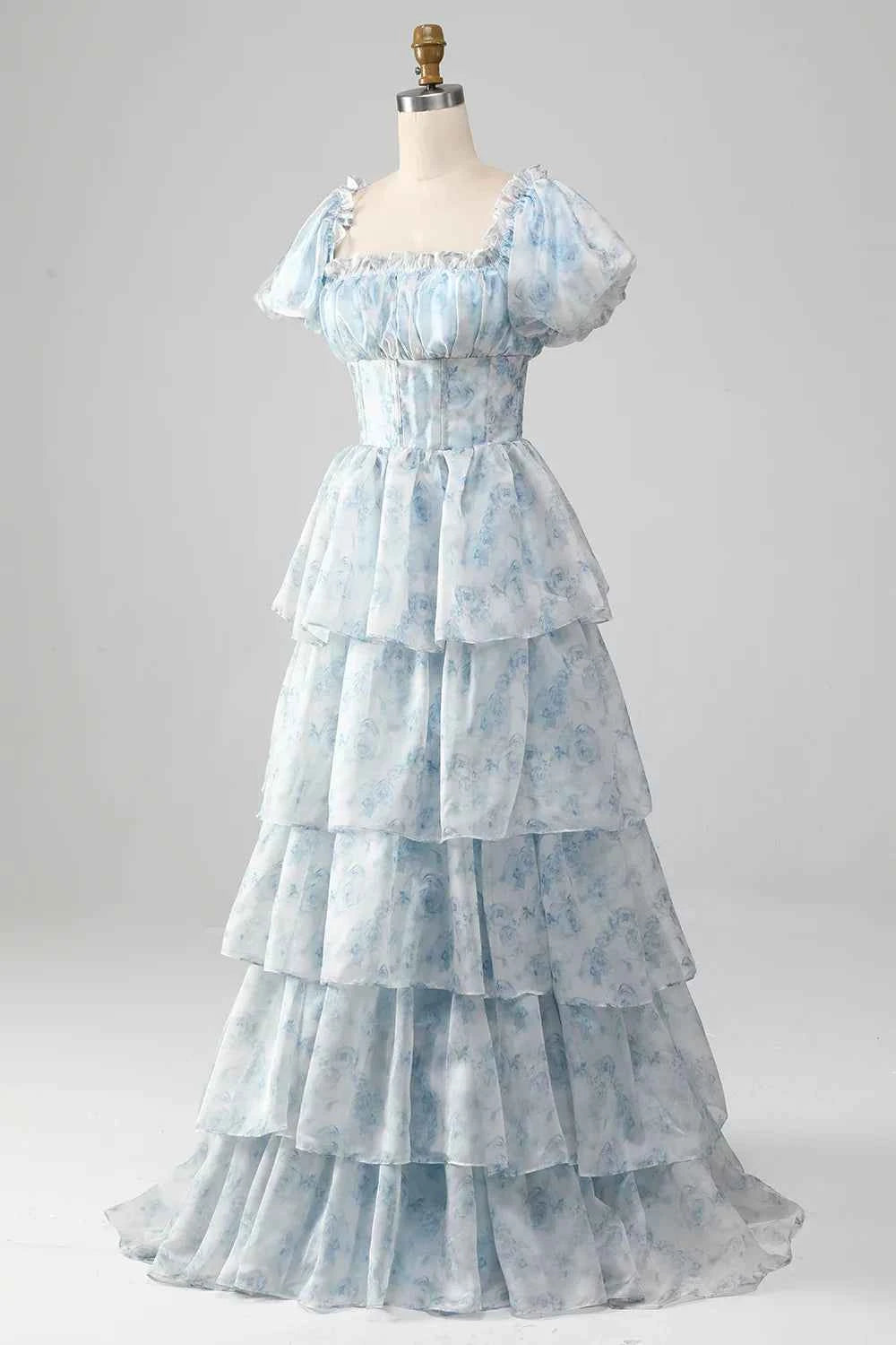 Lauren Light Blue Floral Square Neck Ruffled Maxi Dress