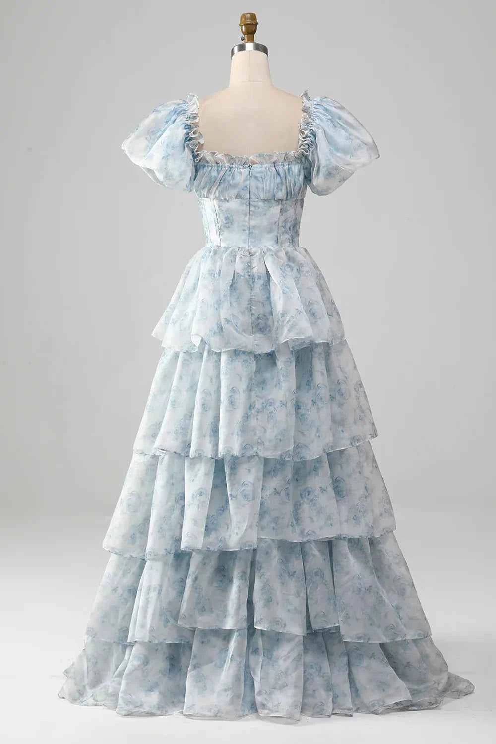 Lauren Light Blue Floral Square Neck Ruffled Maxi Dress