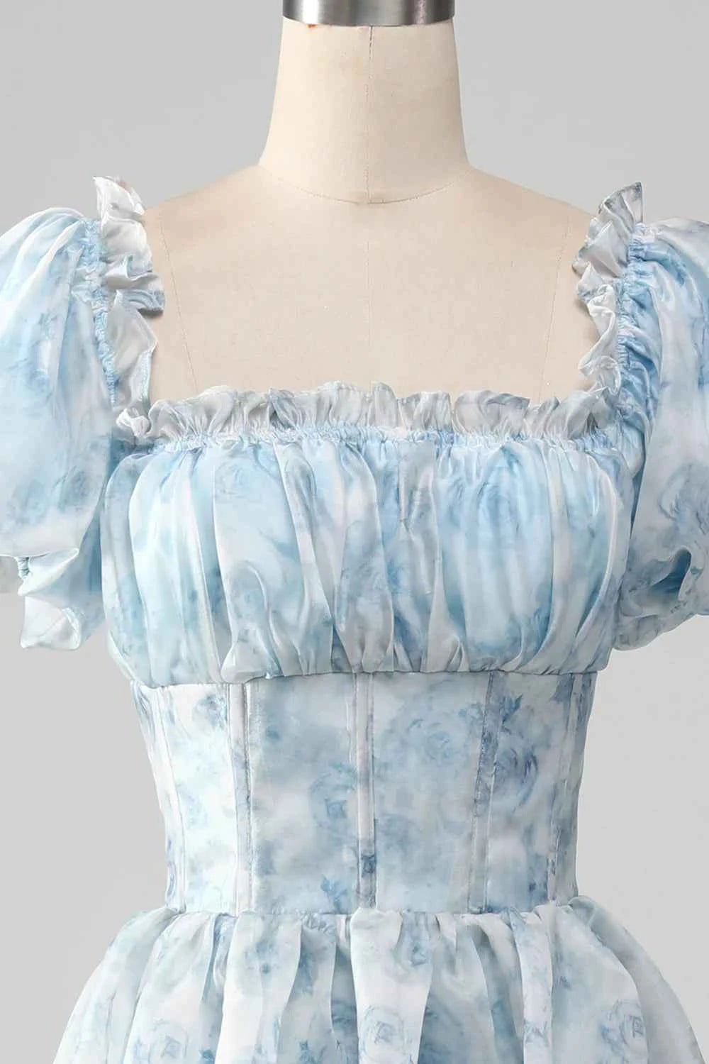Lauren Light Blue Floral Square Neck Ruffled Maxi Dress