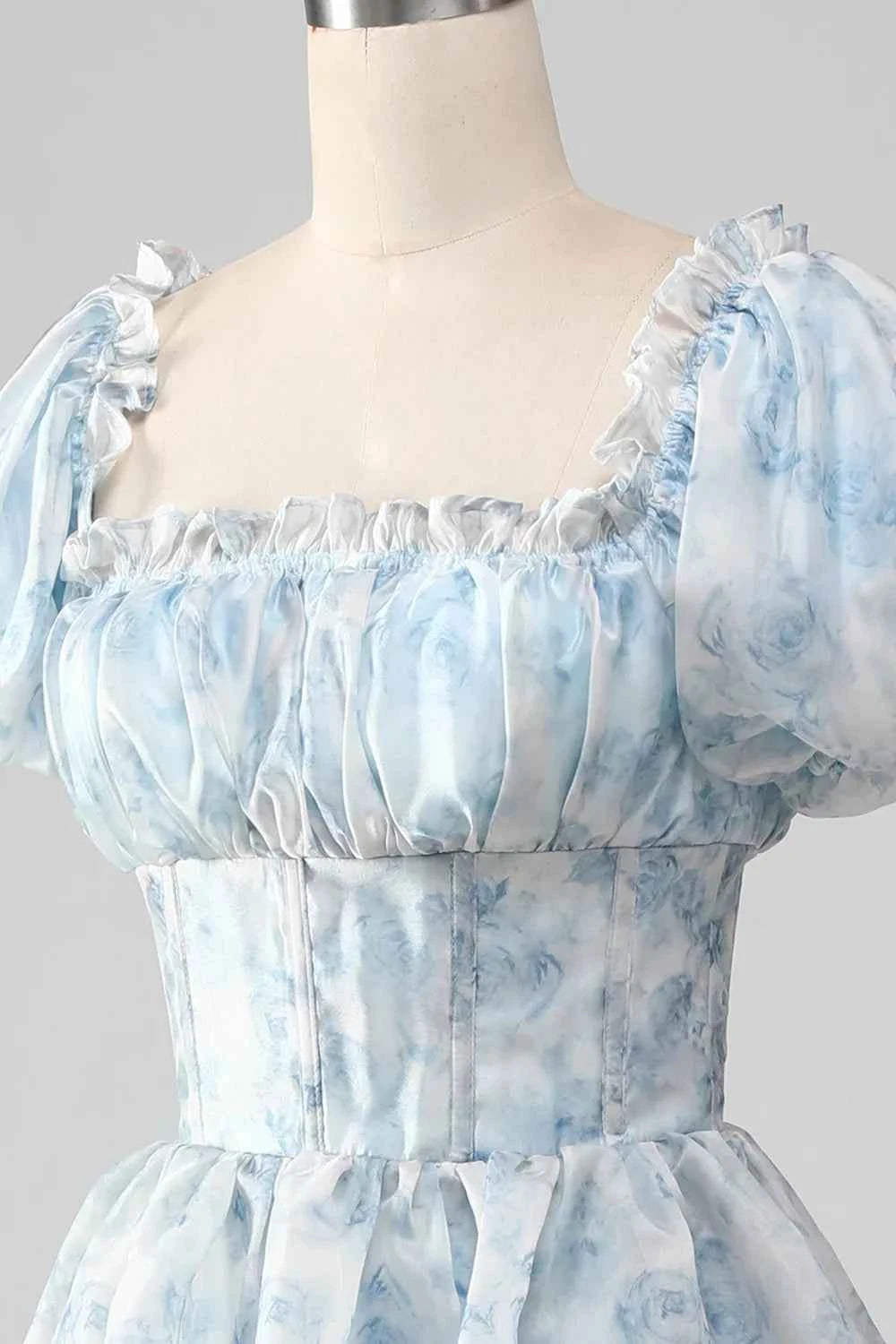 Lauren Light Blue Floral Square Neck Ruffled Maxi Dress