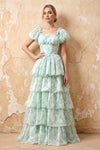 Lauren Light Green Floral Square Neck Ruffled Maxi Dress
