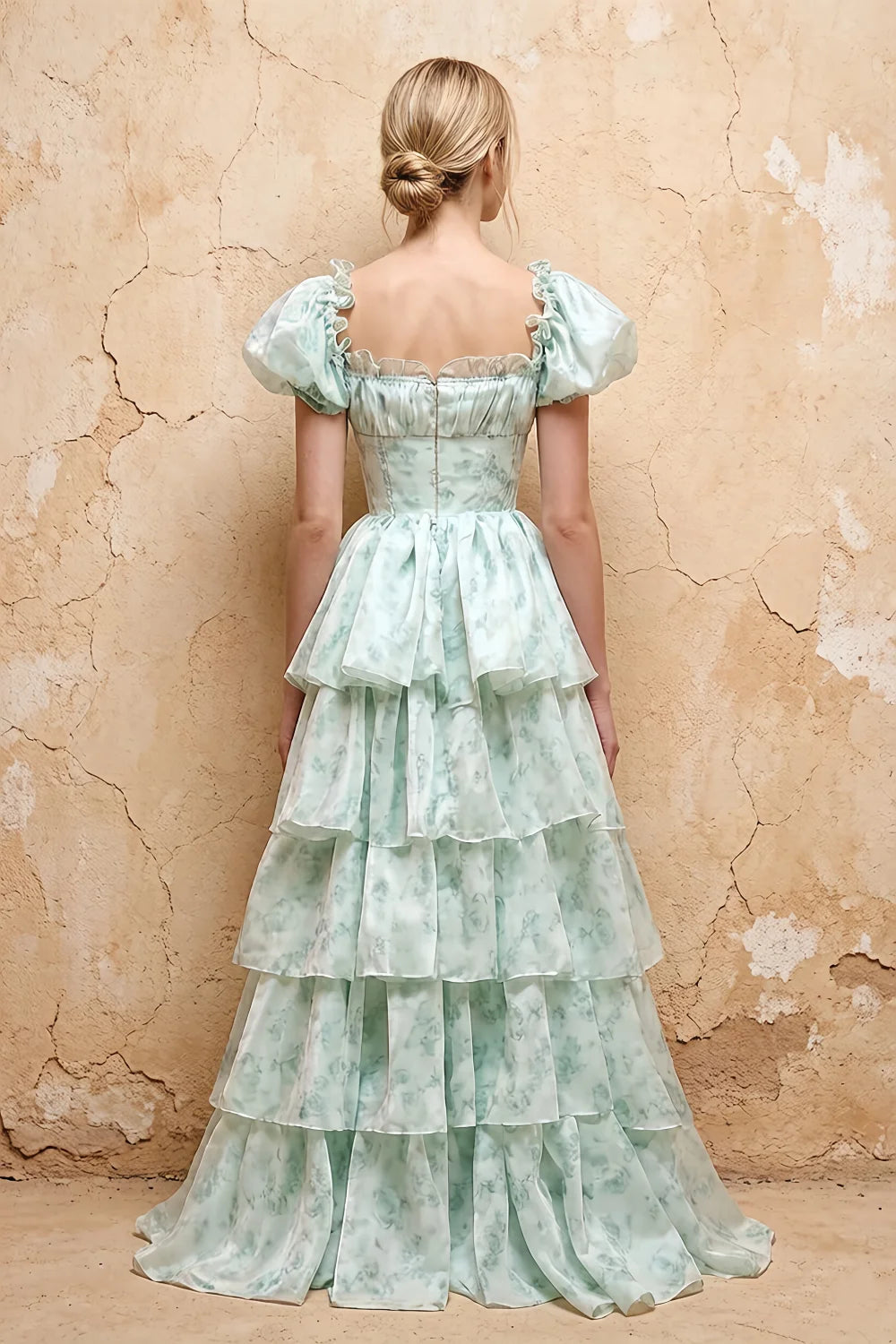 Lauren Light Green Floral Square Neck Ruffled Maxi Dress