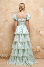 Lauren Light Green Floral Square Neck Ruffled Maxi Dress