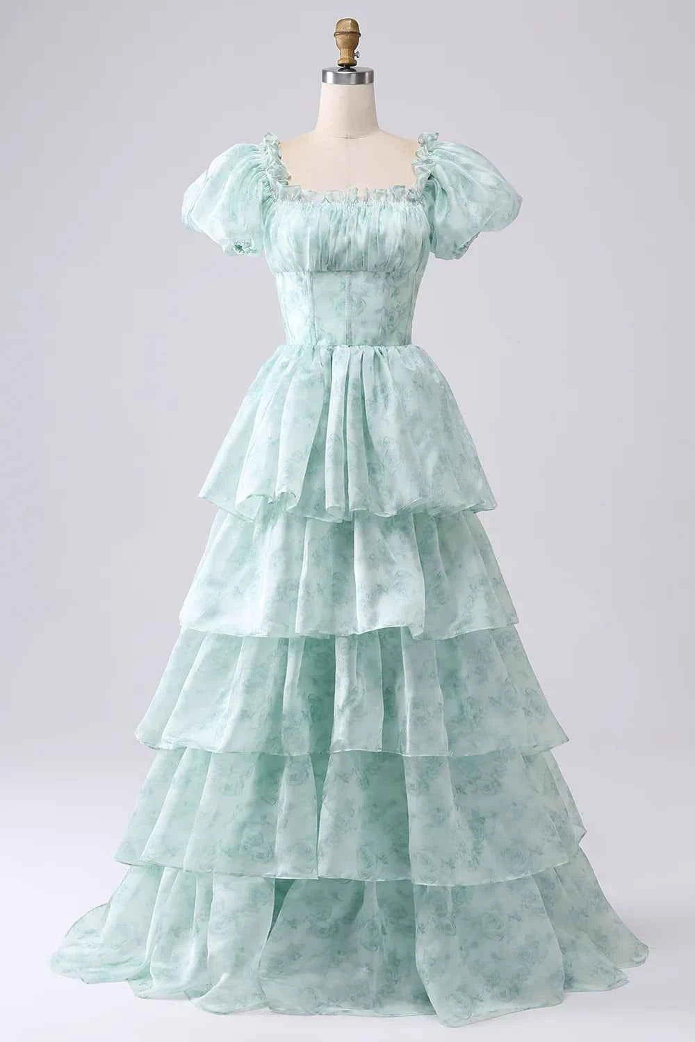 Lauren Light Green Floral Square Neck Ruffled Maxi Dress