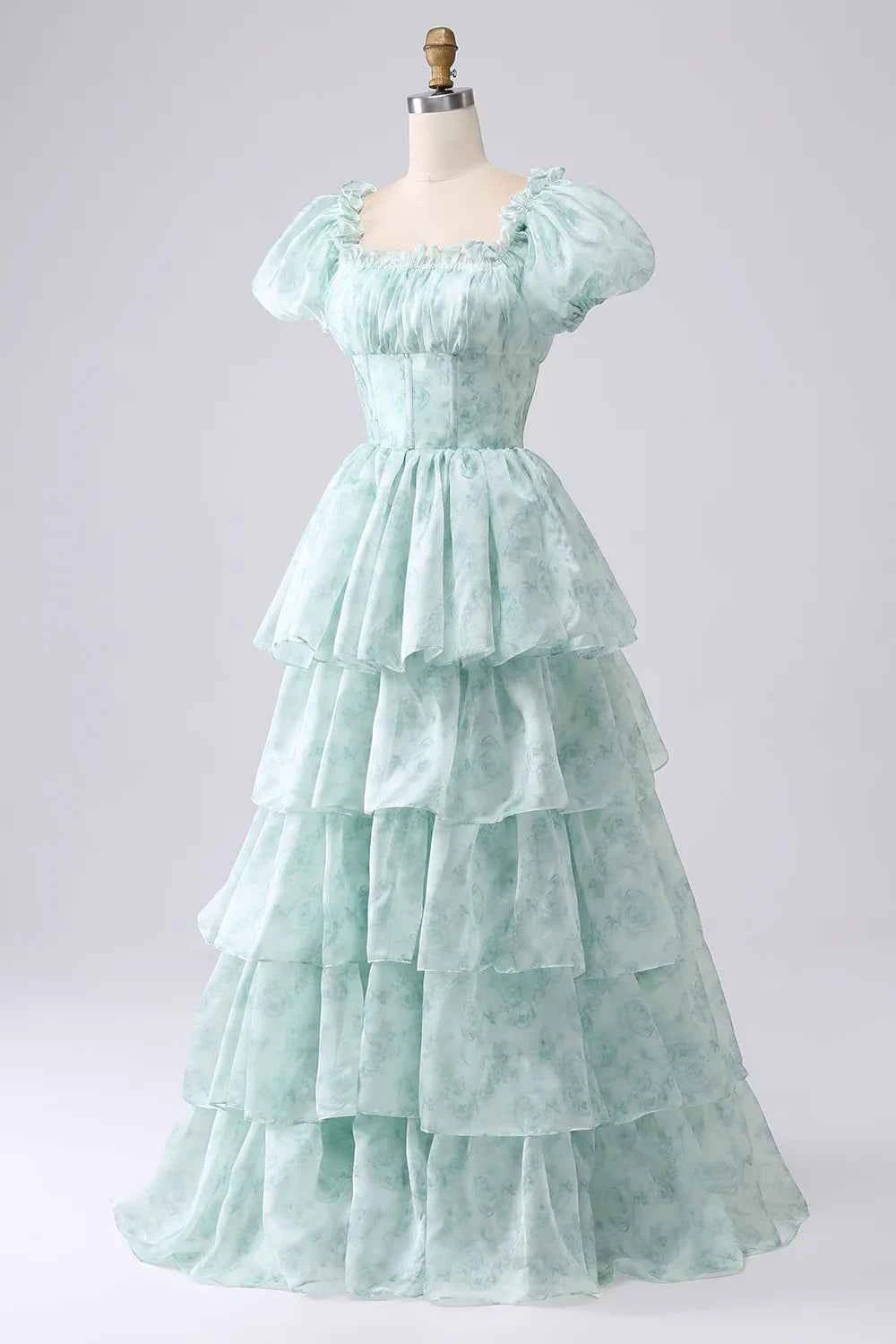 Lauren Light Green Floral Square Neck Ruffled Maxi Dress