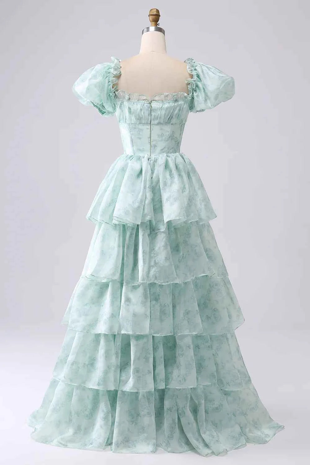 Lauren Light Green Floral Square Neck Ruffled Maxi Dress