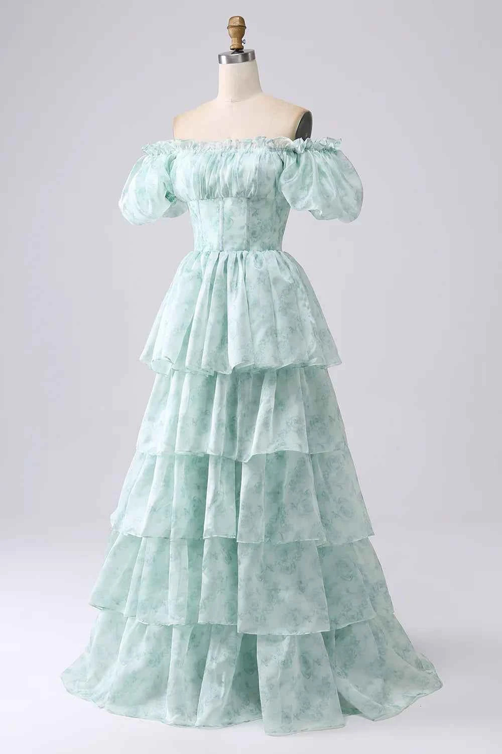 Lauren Light Green Floral Square Neck Ruffled Maxi Dress