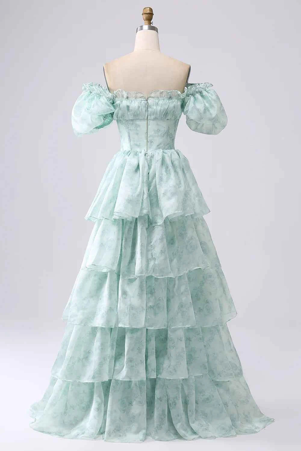 Lauren Light Green Floral Square Neck Ruffled Maxi Dress