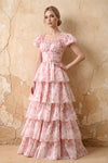 Lauren Light Pink Floral Square Neck Ruffled Maxi Dress
