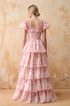 Lauren Light Pink Floral Square Neck Ruffled Maxi Dress