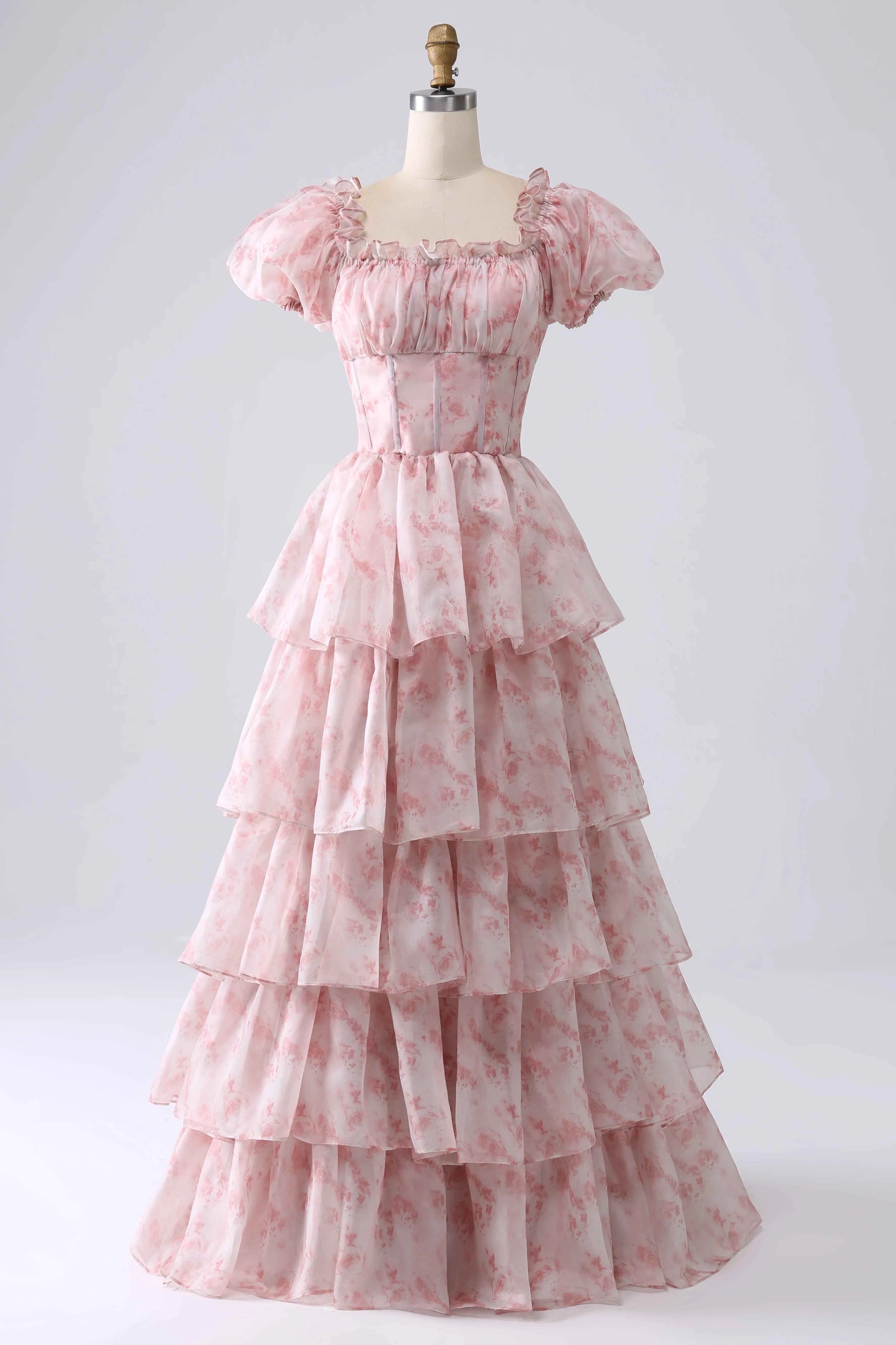 Lauren Light Pink Floral Square Neck Ruffled Maxi Dress