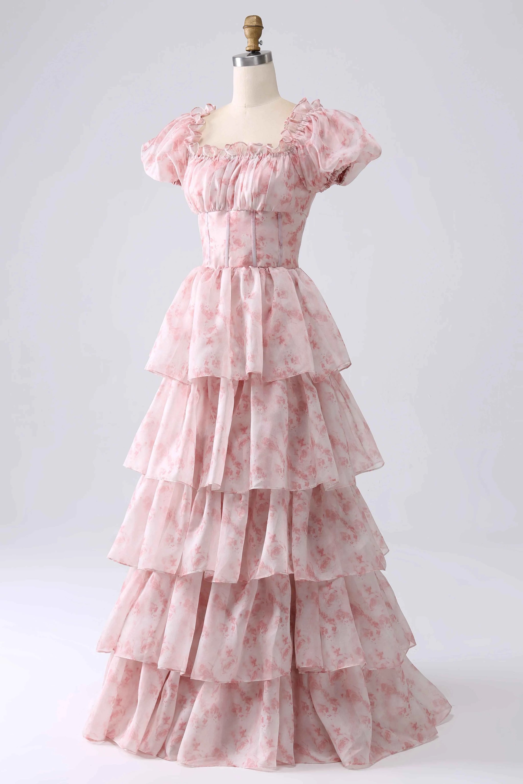 Lauren Light Pink Floral Square Neck Ruffled Maxi Dress