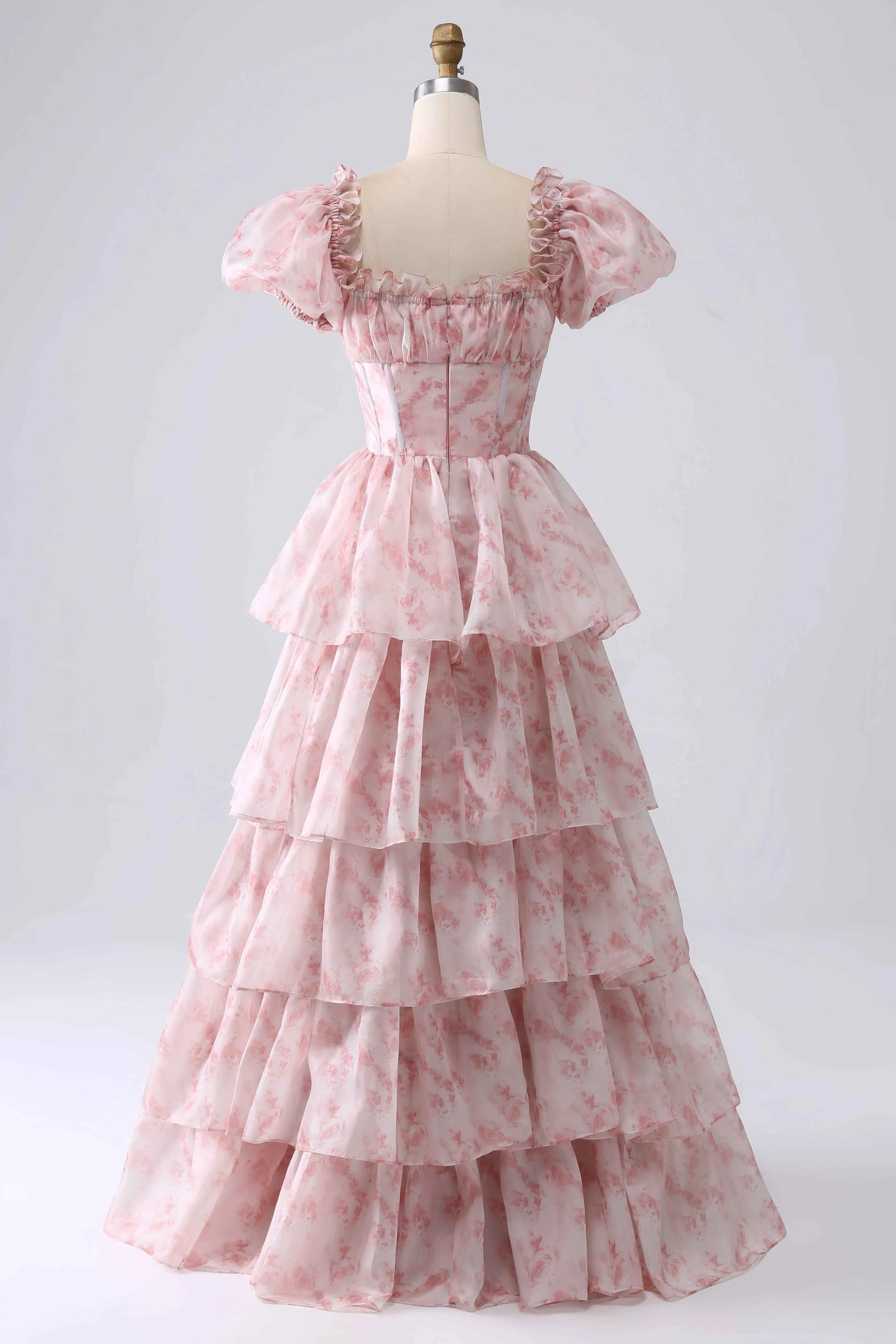 Lauren Light Pink Floral Square Neck Ruffled Maxi Dress