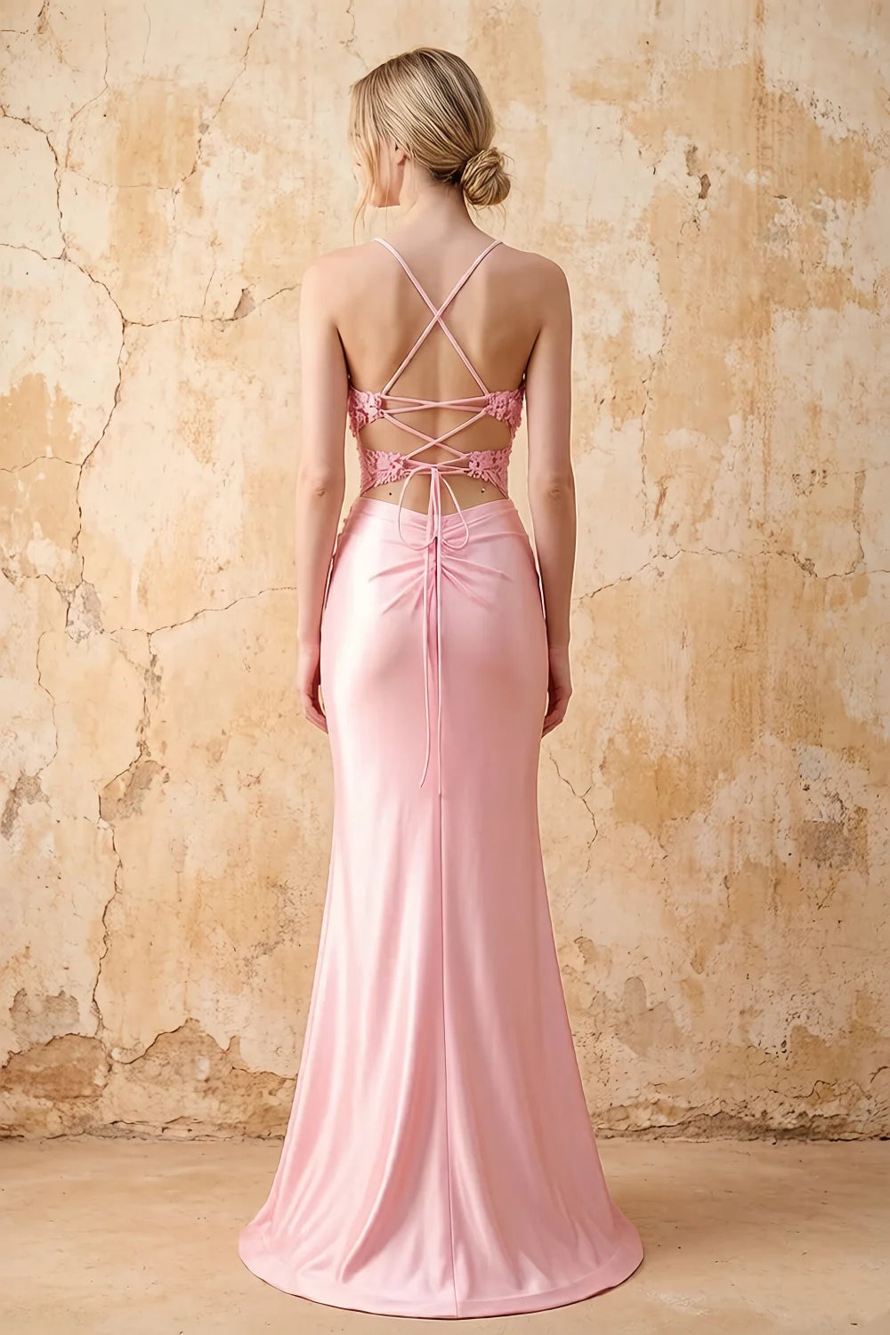 Leah Light Pink Satin Beaded Lace-up Maxi Dress Secondary image