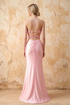 Leah Light Pink Satin Beaded Lace-up Maxi Dress
