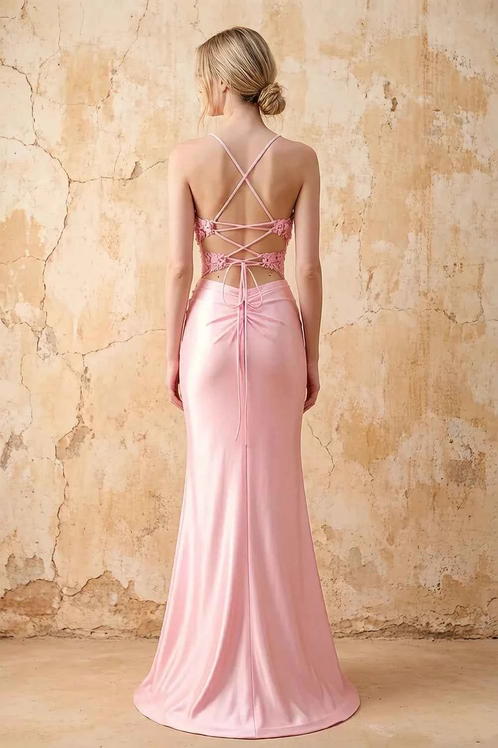 Leah Light Pink Satin Beaded Lace-up Maxi Dress