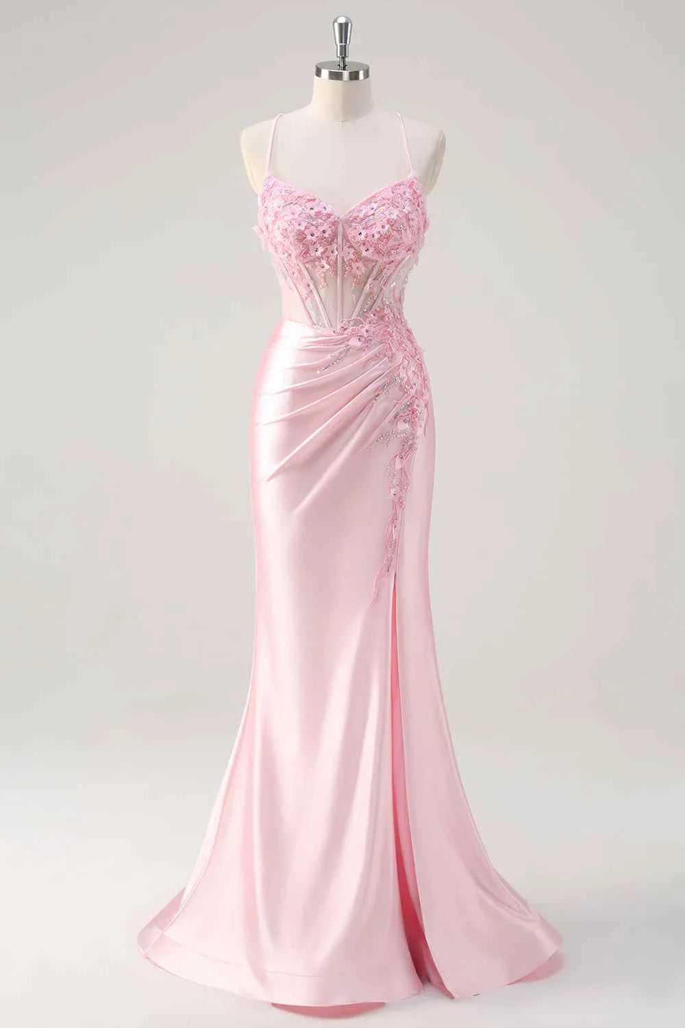 Leah Light Pink Satin Beaded Lace-up Maxi Dress