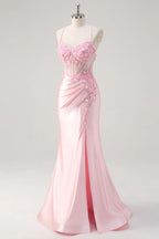 Leah Light Pink Satin Beaded Lace-up Maxi Dress
