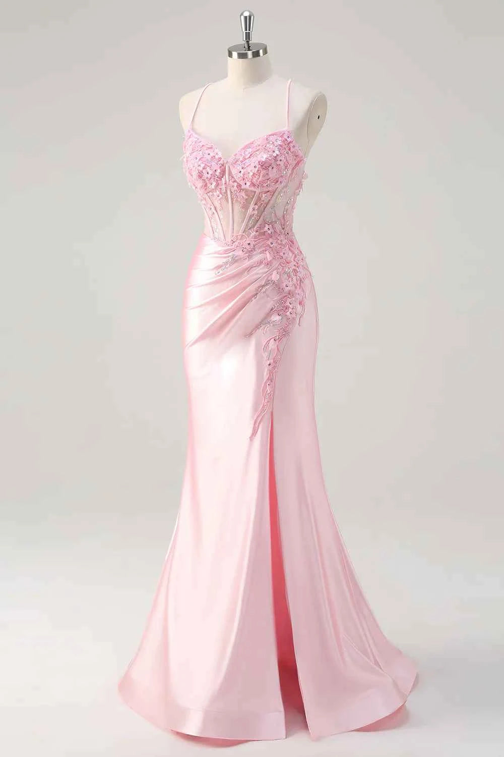 Leah Light Pink Satin Beaded Lace-up Maxi Dress