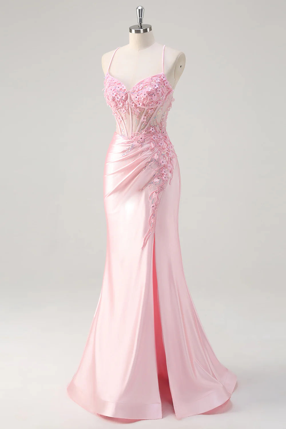 Leah Light Pink Satin Beaded Lace-up Maxi Dress