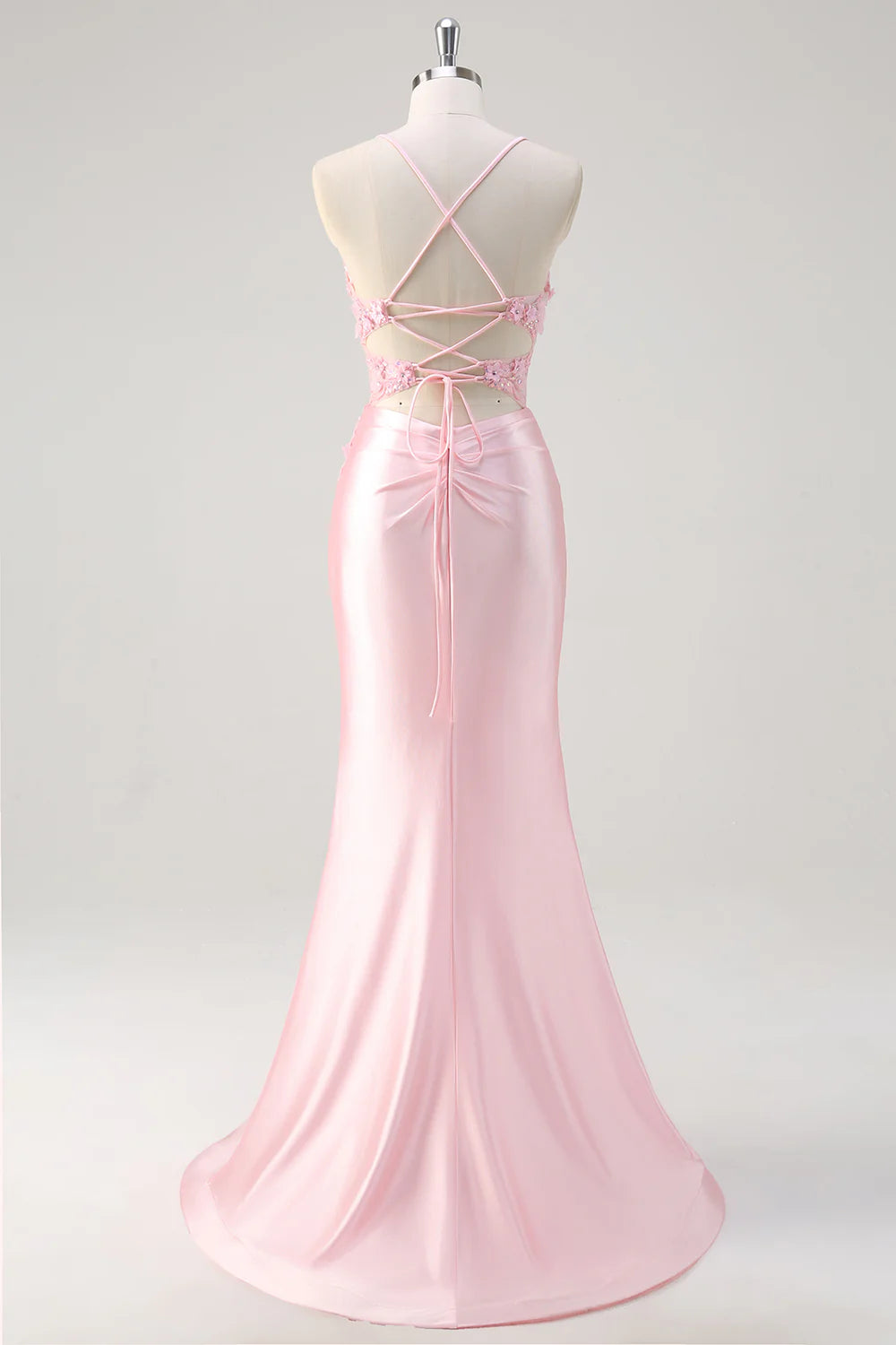 Leah Light Pink Satin Beaded Lace-up Maxi Dress