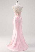Leah Light Pink Satin Beaded Lace-up Maxi Dress