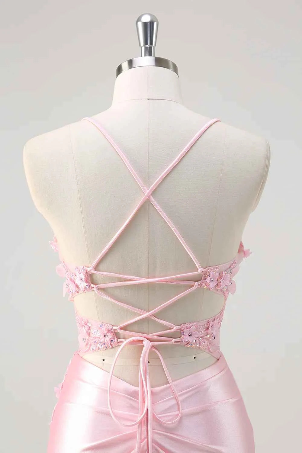 Leah Light Pink Satin Beaded Lace-up Maxi Dress