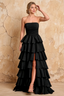 Lena Black Satin Strapless Tiered Ruffle Maxi Dress