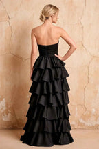 Lena Black Satin Strapless Tiered Ruffle Maxi Dress