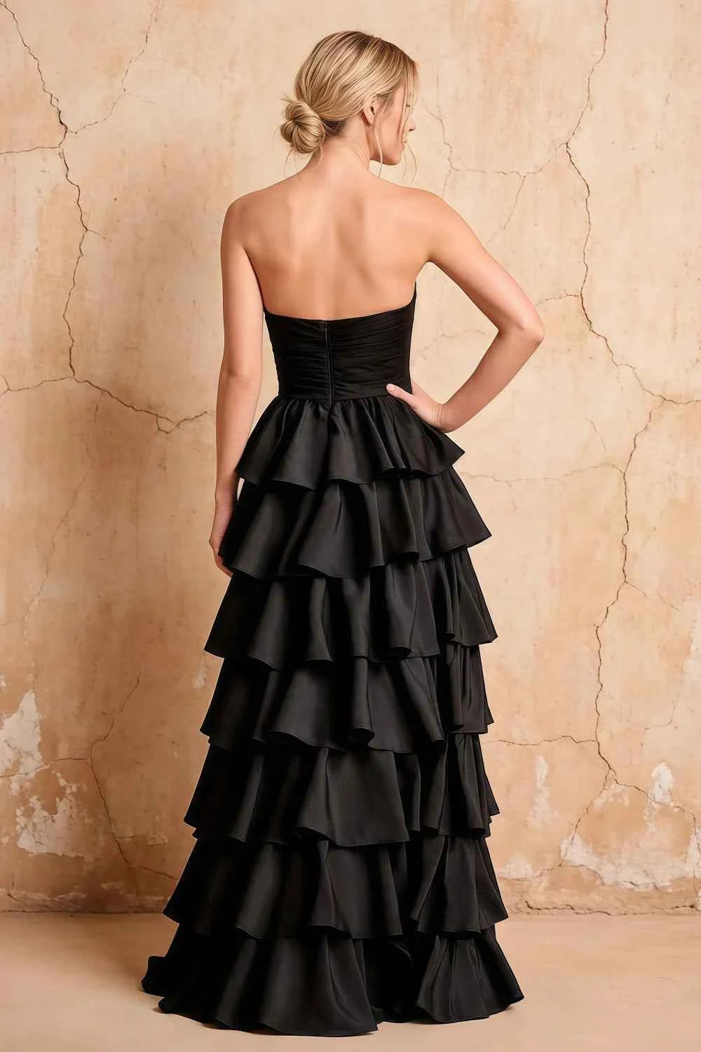 Lena Black Satin Strapless Tiered Ruffle Maxi Dress