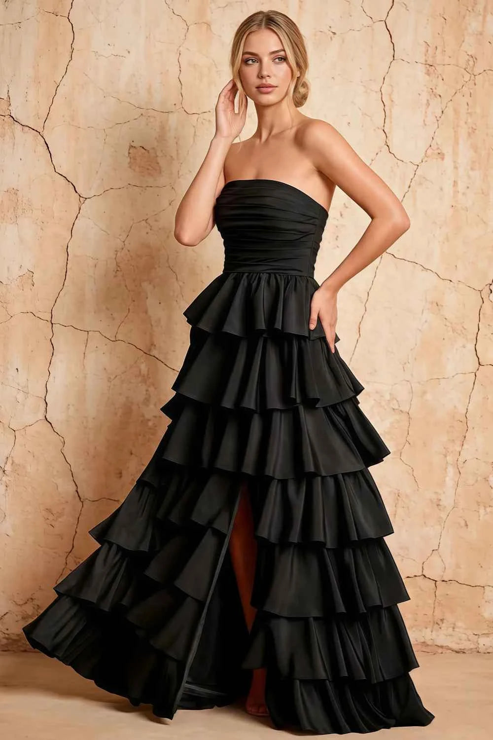 Lena Black Satin Strapless Tiered Ruffle Maxi Dress