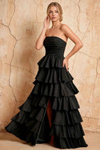 Lena Black Satin Strapless Tiered Ruffle Maxi Dress