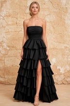 Lena Black Satin Strapless Tiered Ruffle Maxi Dress
