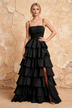 Lena Black Satin Strapless Tiered Ruffle Maxi Dress