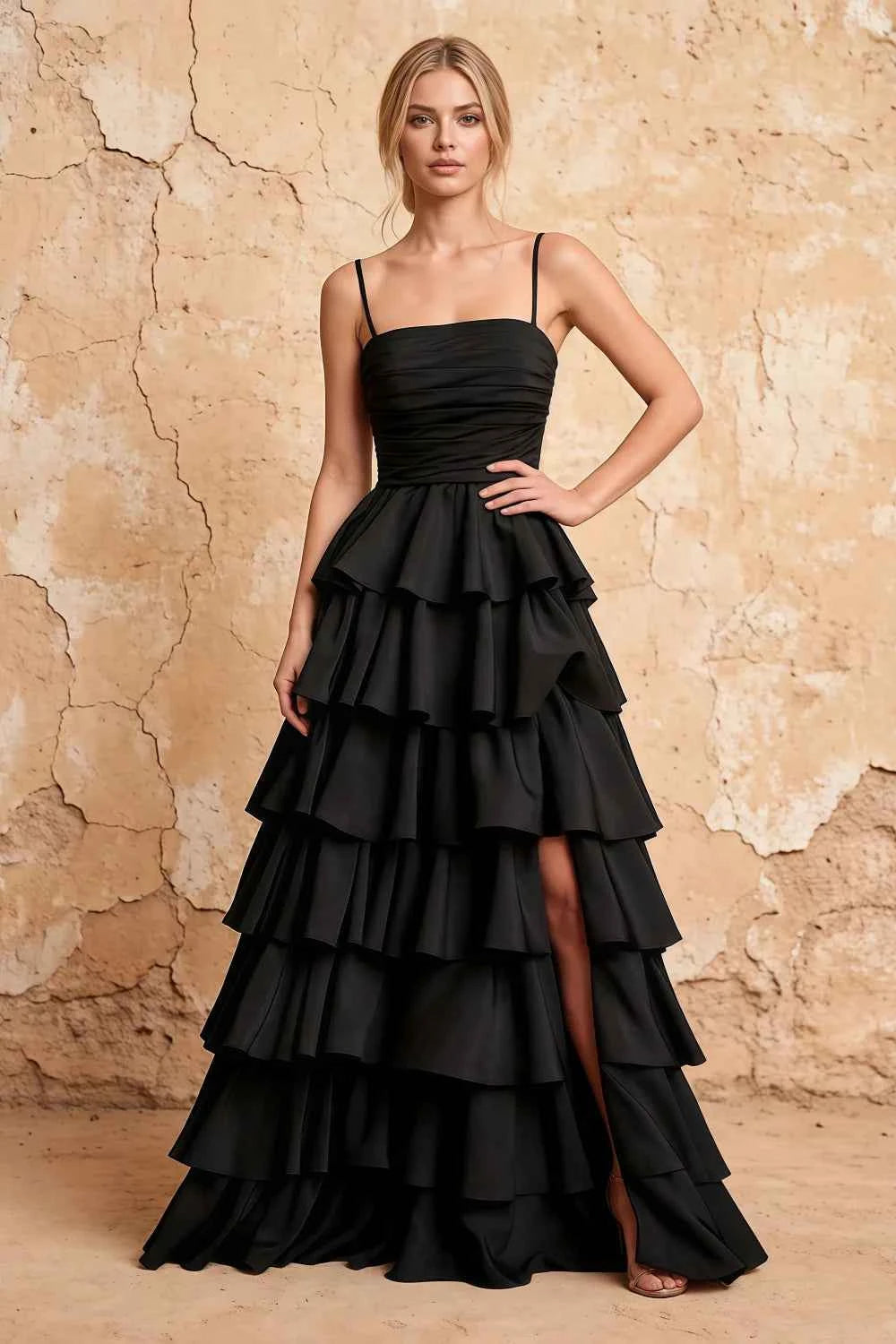 Lena Black Satin Strapless Tiered Ruffle Maxi Dress