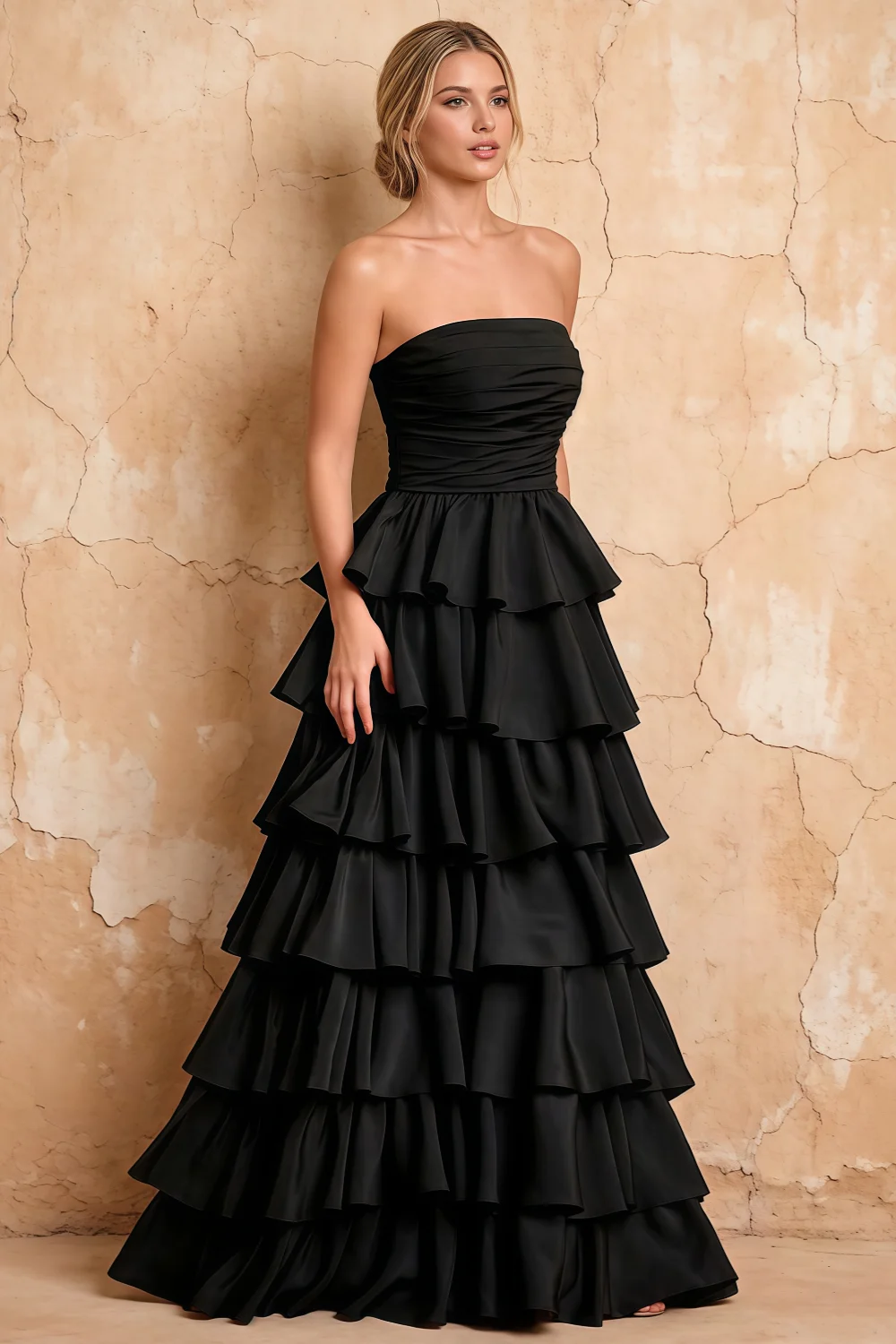 Lena Black Satin Strapless Tiered Ruffle Maxi Dress