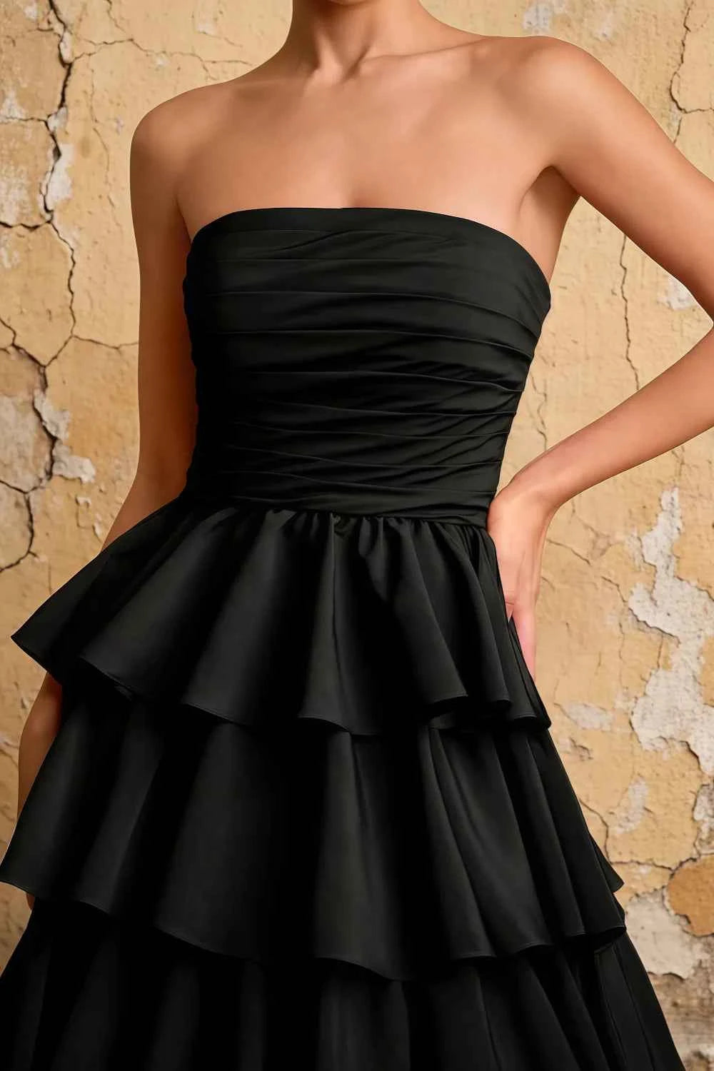 Lena Black Satin Strapless Tiered Ruffle Maxi Dress