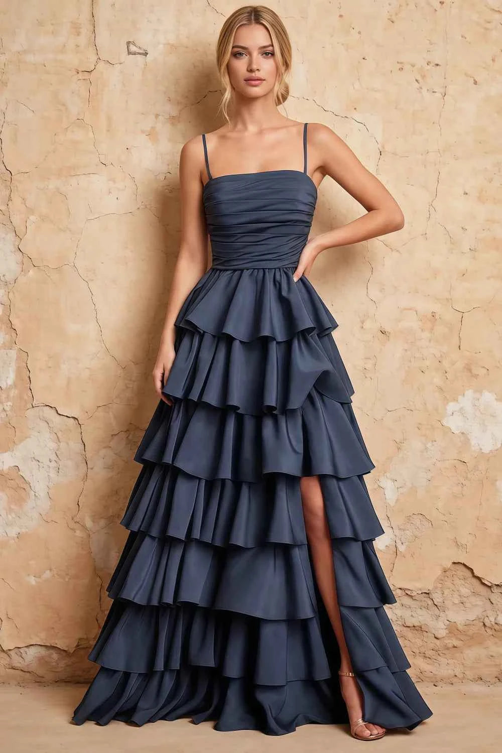 Lena Navy Blue Satin Strapless Tiered Ruffle Maxi Dress Main image