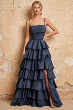 Lena Navy Blue Satin Strapless Tiered Ruffle Maxi Dress