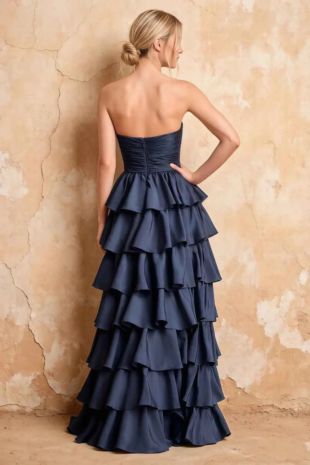 Lena Navy Blue Satin Strapless Tiered Ruffle Maxi Dress