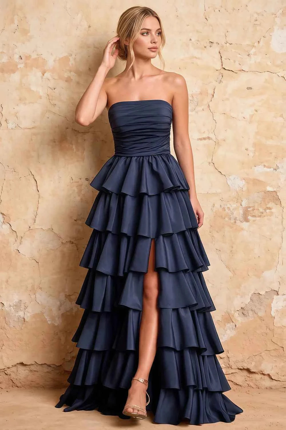 Lena Navy Blue Satin Strapless Tiered Ruffle Maxi Dress