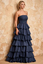 Lena Navy Blue Satin Strapless Tiered Ruffle Maxi Dress