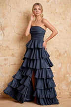 Lena Navy Blue Satin Strapless Tiered Ruffle Maxi Dress