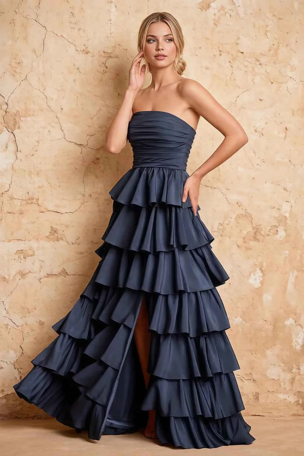 Lena Navy Blue Satin Strapless Tiered Ruffle Maxi Dress