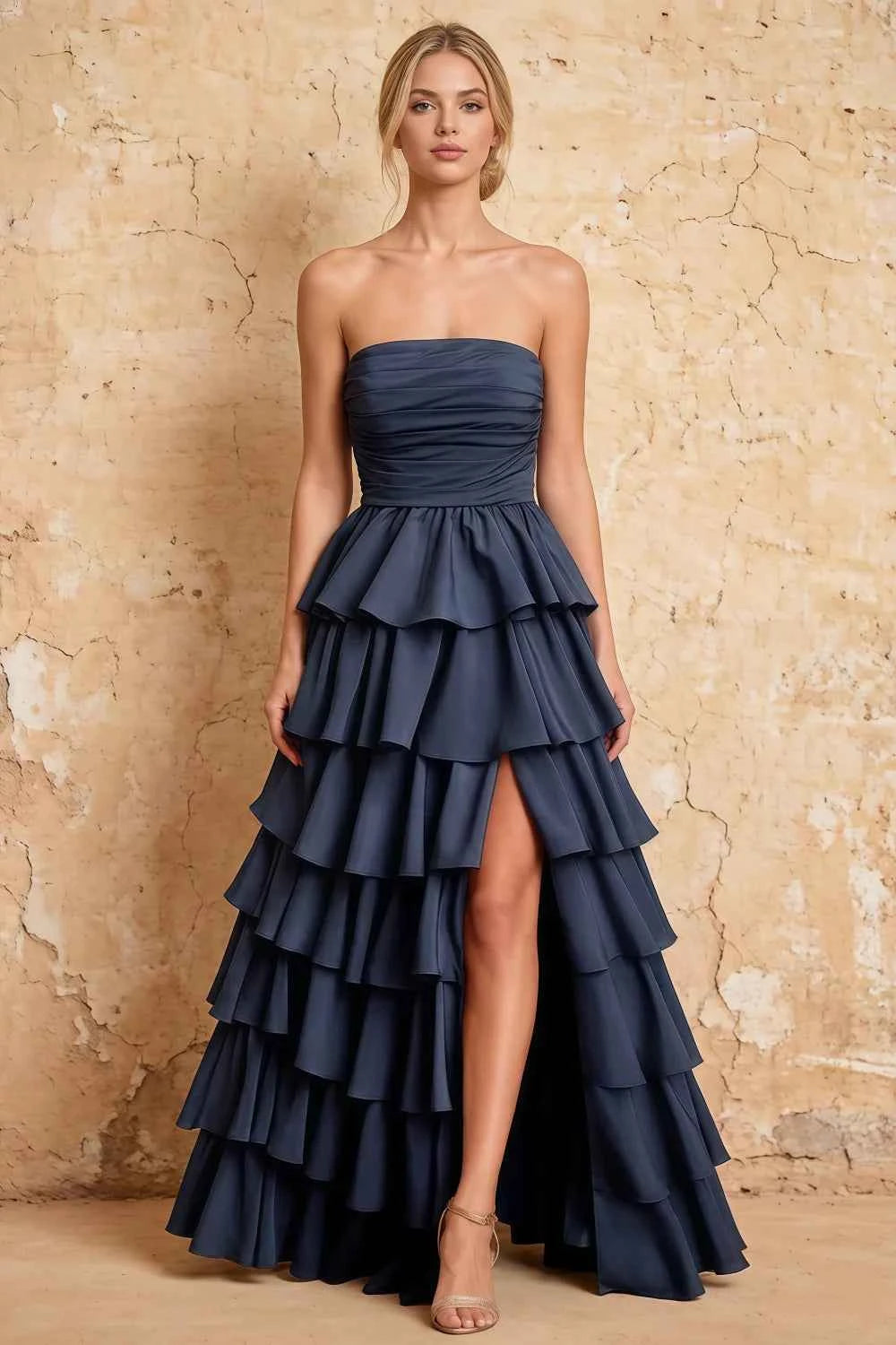 Lena Navy Blue Satin Strapless Tiered Ruffle Maxi Dress