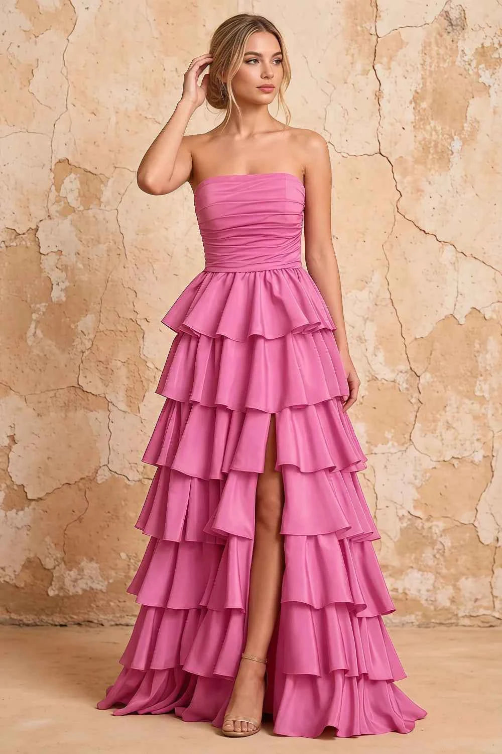 Lena Rose Satin Strapless Tiered Ruffle Maxi Dress