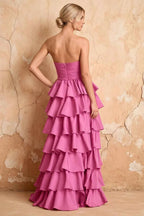 Lena Rose Satin Strapless Tiered Ruffle Maxi Dress