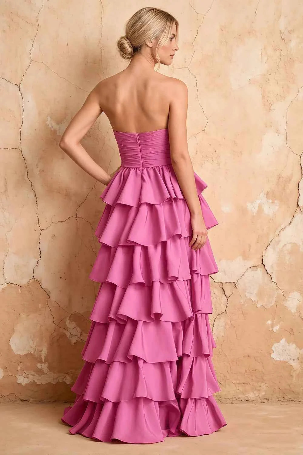 Lena Rose Satin Strapless Tiered Ruffle Maxi Dress
