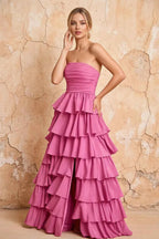 Lena Rose Satin Strapless Tiered Ruffle Maxi Dress