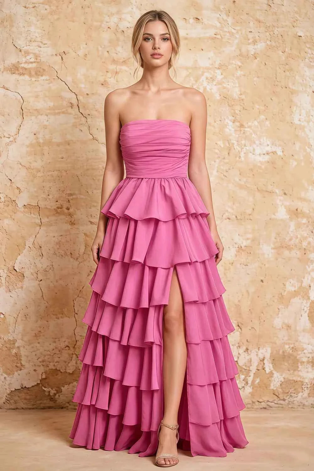 Lena Rose Satin Strapless Tiered Ruffle Maxi Dress